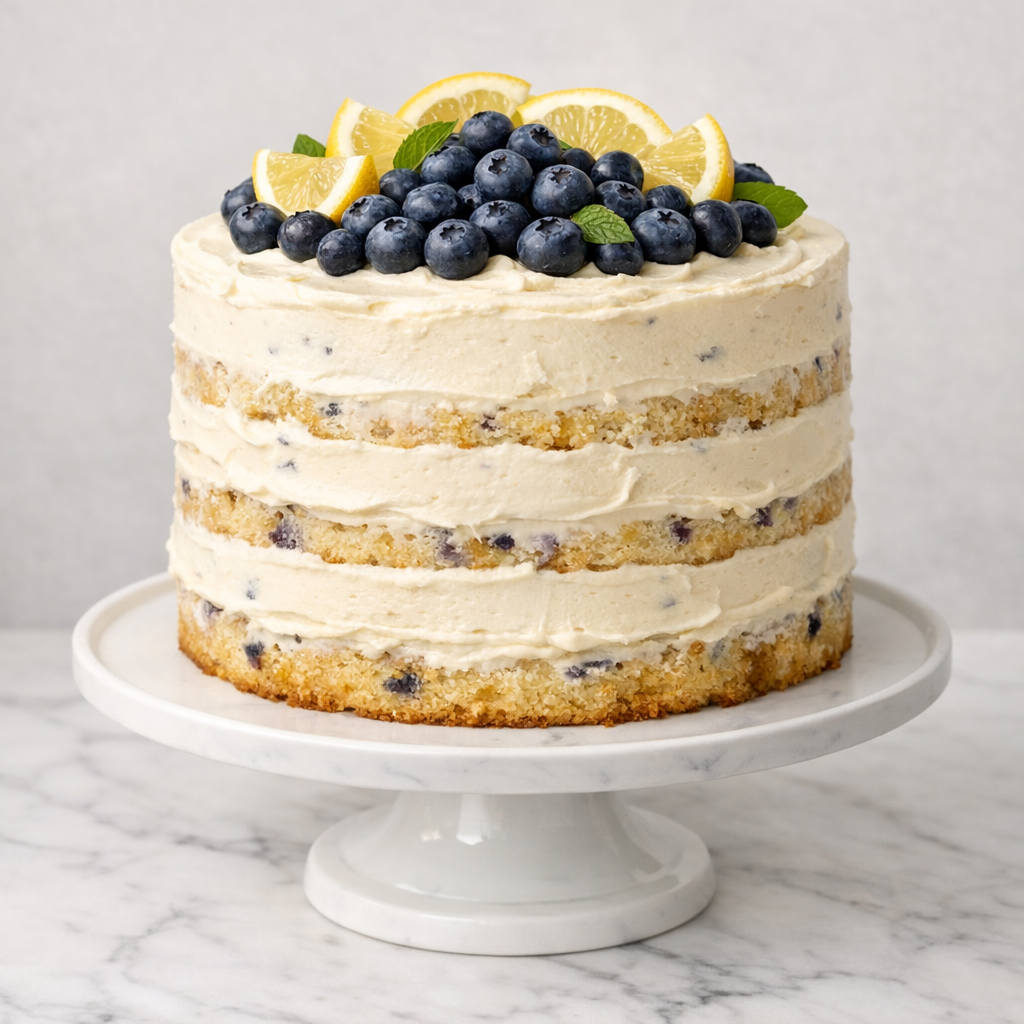 A tall lemon blueberry mascarpone layer cake on a white cake stand, frosted with light mascarpone cream, topped with fresh blueberries and lemon slices, photographed from the front on a marble surface