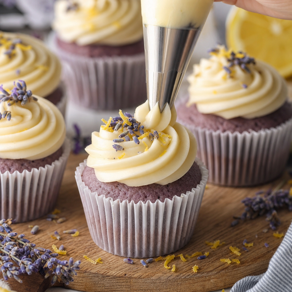 Close-up of honey lemon frosting being piped onto lavender cupcakes with visible lavender flowers and lemon zest garnish on a wooden board