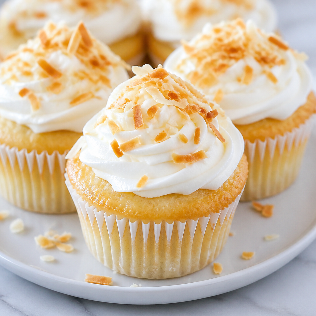 Close-up of tres leches cupcakes topped with whipped cream and toasted coconut flakes on a white plate