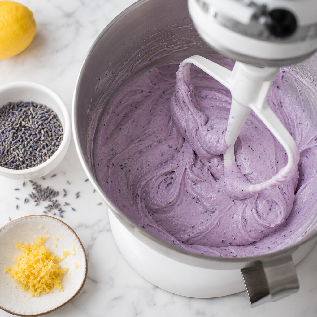 Lavender cupcake batter being mixed in a stand mixer bowl with a paddle attachment, with culinary lavender and lemon zest nearby on a marble countertop