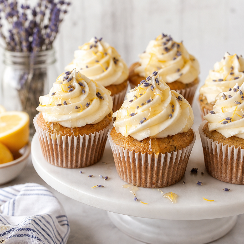 Lavender cupcakes with honey lemon frosting on a white cake stand, garnished with dried lavender buds and lemon zest