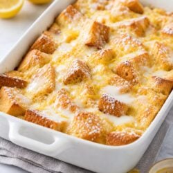 This Lemon Bread Pudding is bursting with fresh citrus flavor, topped with a dreamy lemon cream sauce. You are SO going to love this! 🍋