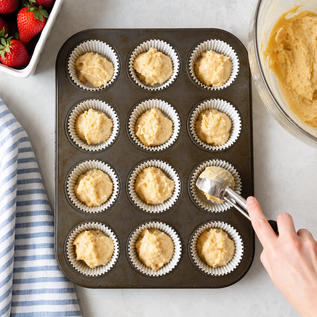 Overhead view of cupcake batter being divided into a muffin tin lined with white paper liners on a kitchen counter