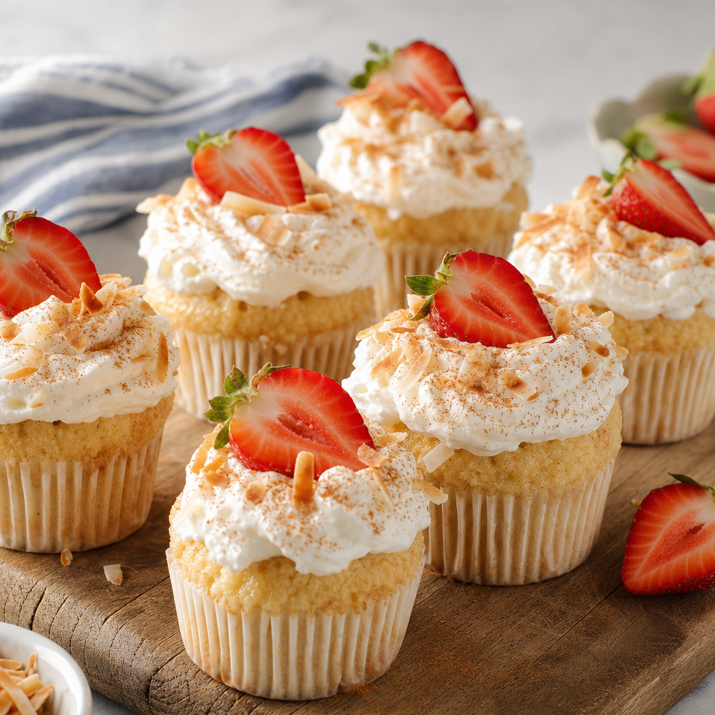 Tres leches cupcakes decorated with whipped cream, toasted coconut flakes, fresh strawberries, and a sprinkle of cinnamon arranged on a wooden serving board