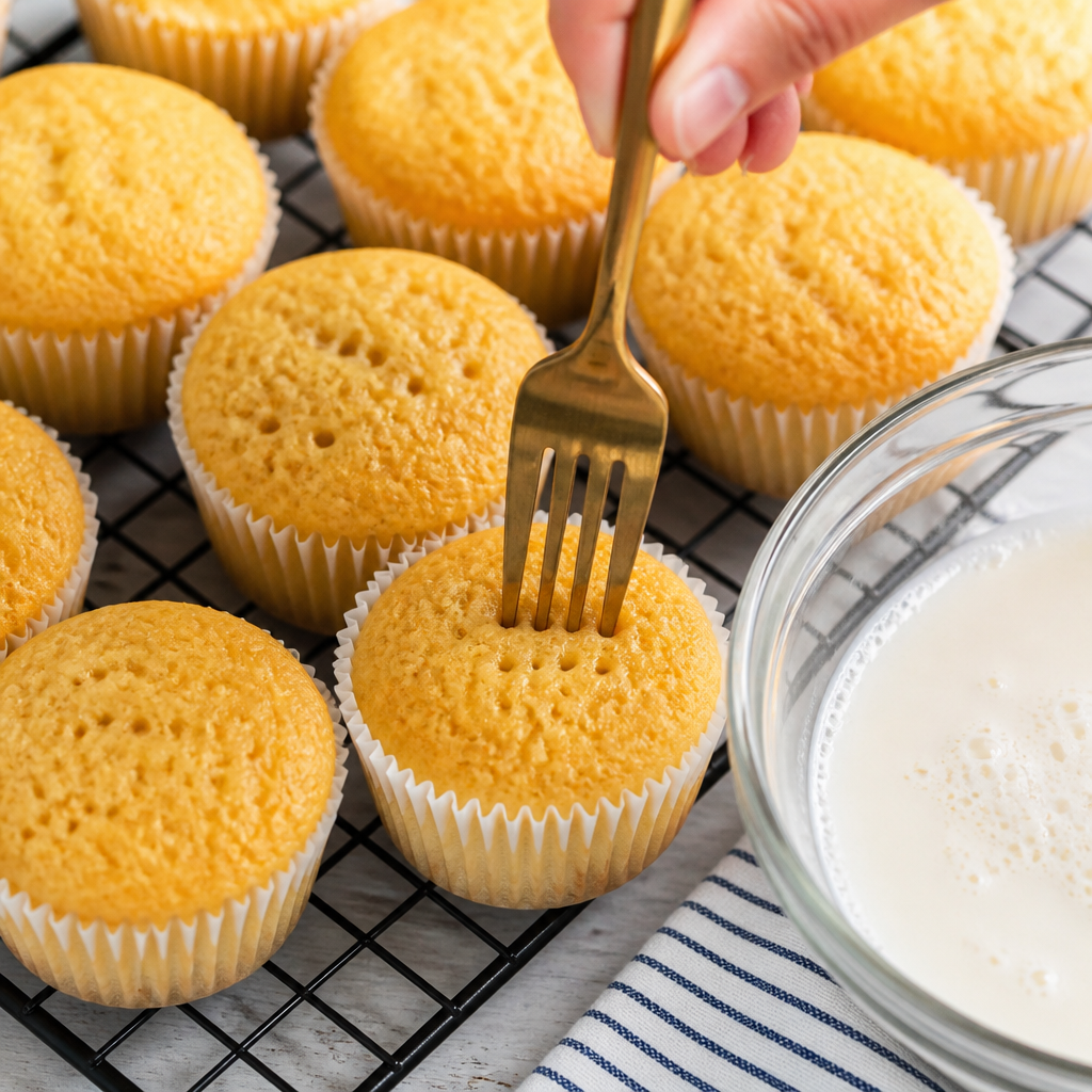 A fork poking holes into the top of a golden cupcake on a wire rack, with a bowl of three-milk mixture nearby