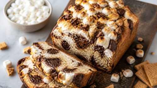This s'mores bread is gooey, chocolaty, and absolutely dreamy! Graham crackers, marshmallows & chocolate in one irresistible loaf. 🍫🔥