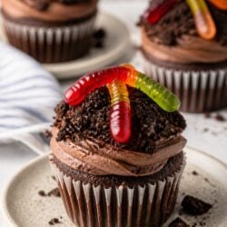 Dirt Cupcakes are the most fun spring dessert EVER — chocolate cupcakes dipped in Oreo crumbs with a candy strawberry carrot on top! 🌱