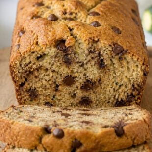 This banana zucchini chocolate chip bread is moist, fudgy, and loaded with melty chocolate chips — no oil or butter needed. You have to make this!