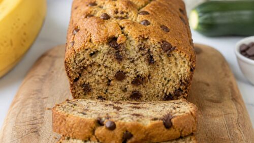 This banana zucchini chocolate chip bread is moist, fudgy, and loaded with melty chocolate chips — no oil or butter needed. You have to make this!