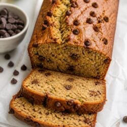 This banana zucchini chocolate chip bread is moist, fudgy, and loaded with melty chocolate chips — no oil or butter needed. You have to make this!