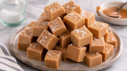 This salted caramel fudge recipe is SO easy and absolutely delicious! Sweet, salty, creamy, and perfect for gifting. You HAVE to make this! 🎄
