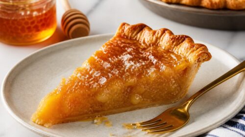 This salted honey pie is the dreamy, creamy custard pie you NEED this holiday season! Flaky crust, honey filling & flaky sea salt finish. 🍯
