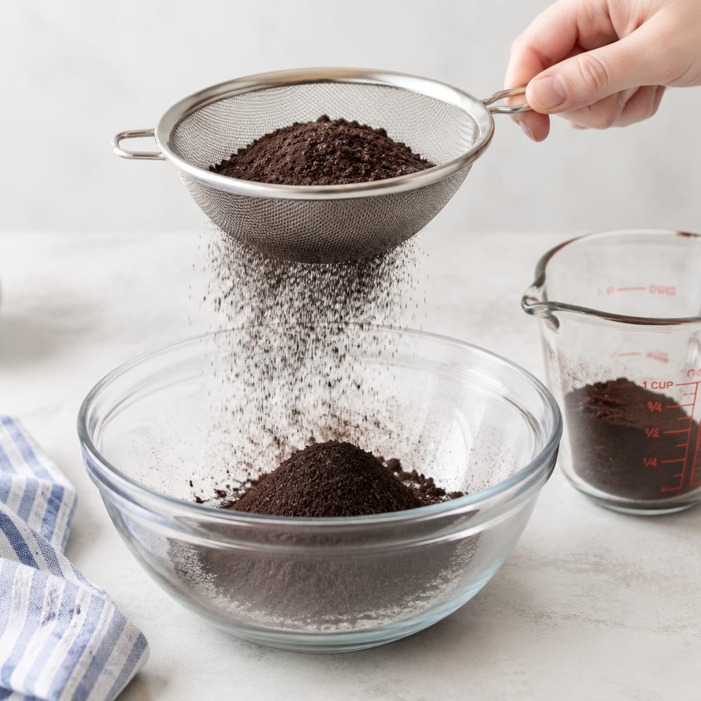 Black cocoa powder being sifted into a glass bowl next to a measuring cup