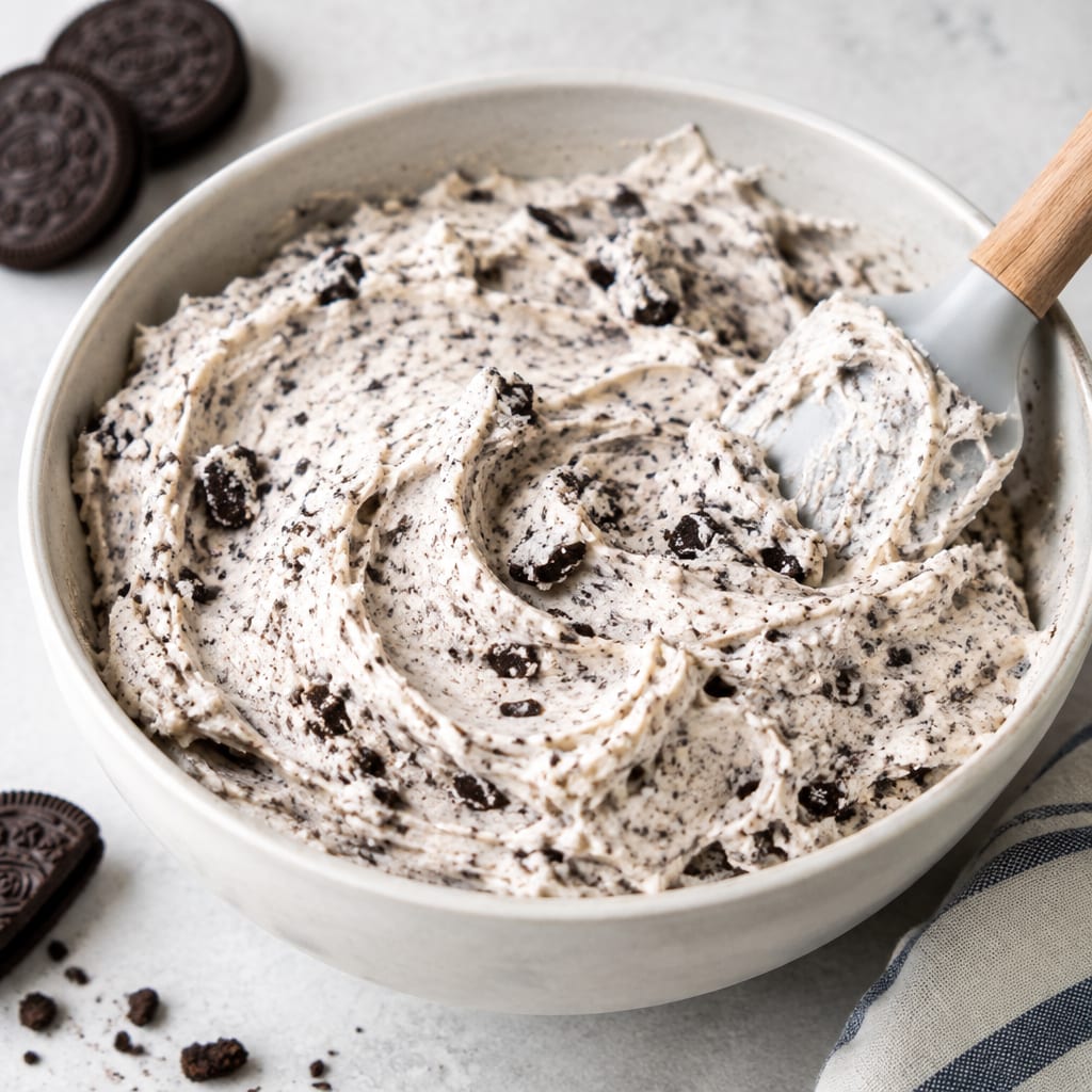 Bowl of fluffy oreo butter icing with visible cookie crumbs and a spatula