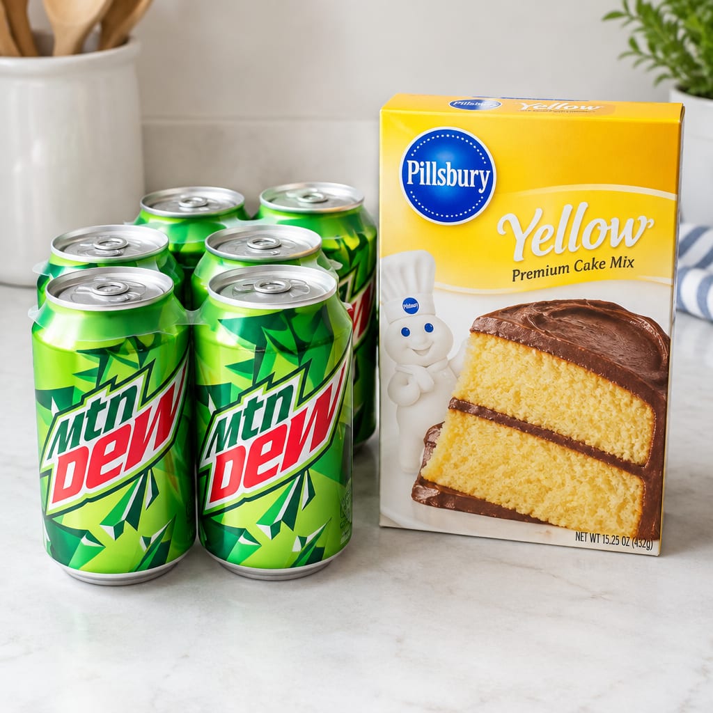 Bundle of Mountain Dew soda cans next to a boxed yellow cake mix on a kitchen counter