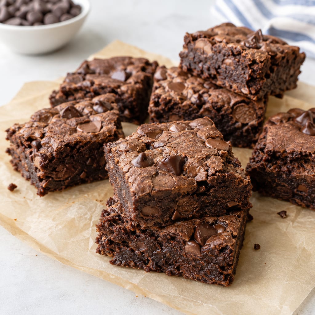 Thick double chocolate cocoa cookie bars cut into squares on parchment paper