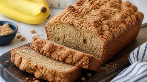 This banana bread with streusel topping is moist, dreamy, and packed with banana flavor — you absolutely have to make this ASAP! 🍌