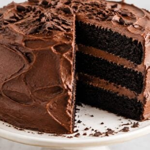 This black velvet cake is fudgy, moist & dramatically dark! Easy from-scratch recipe with black cocoa & dreamy frosting. You'll be obsessed!
