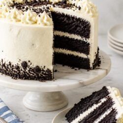 This black velvet cake is fudgy, moist & dramatically dark! Easy from-scratch recipe with black cocoa & dreamy frosting. You'll be obsessed!