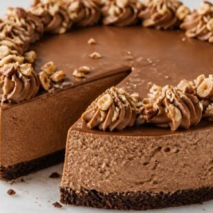 This nutella mousse cake is pure heaven! Five dreamy layers of fudgy chocolate, creamy mousse & ganache. You HAVE to make this! 🍫