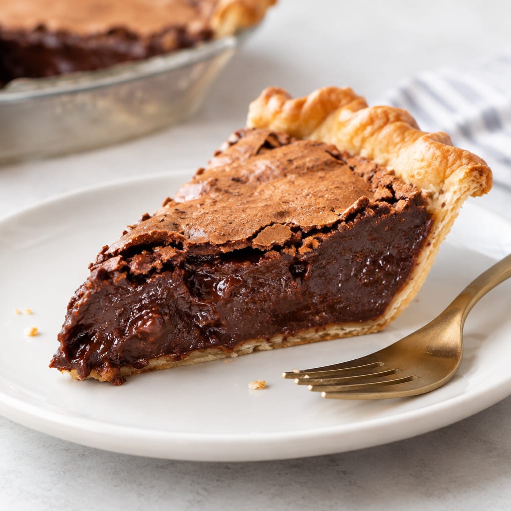 A slice of old fashioned fudge pie on a white plate with a fork, showing a fudgy chocolate interior