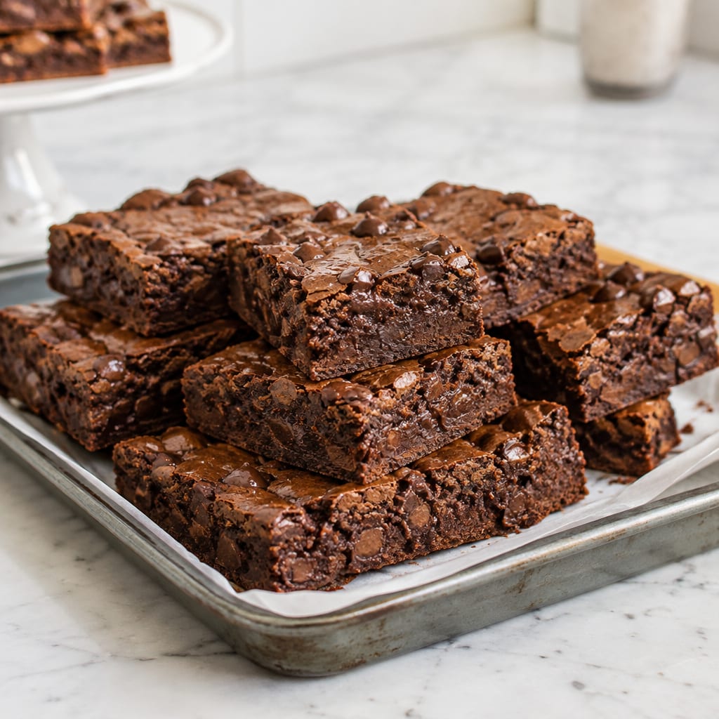 A tray of thick, fudgy cocoa cookie bars stacked on a marble counter in a Houston bakery