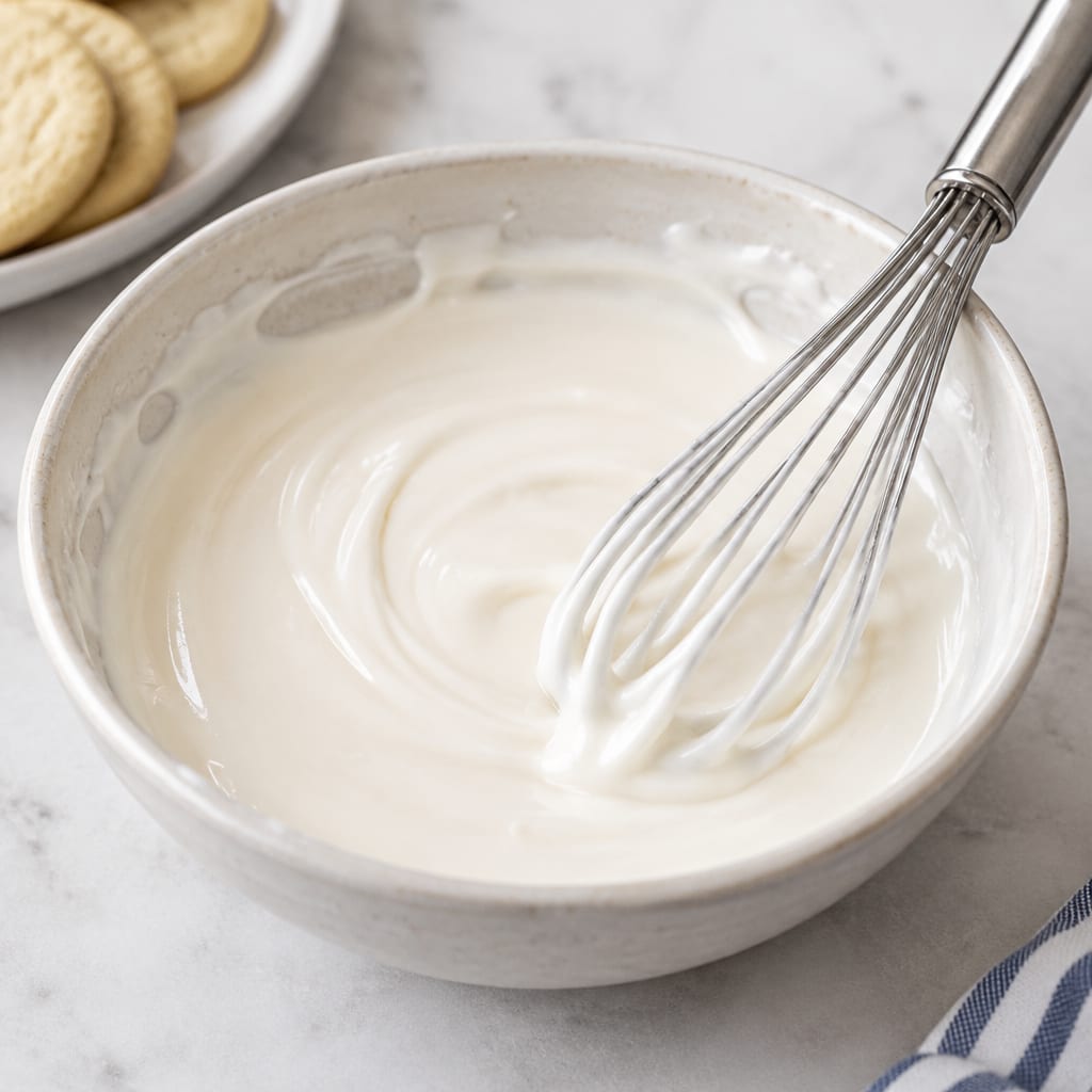 Bowl of glossy white sugar cookie icing with a whisk resting on the side