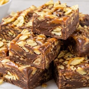 This Caramel Potato Chip Fudge is creamy, gooey, sweet, salty, and crunchy — an easy no-candy-thermometer fudge you'll crave on repeat!