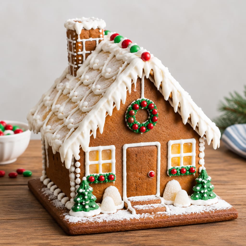 Finished gingerbread house with white icing snow roof sitting on a wooden table