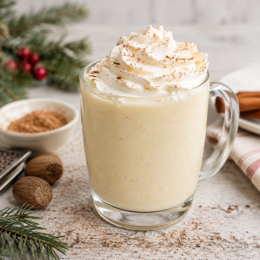 Glass mug of creamy homemade eggnog topped with whipped cream and ground nutmeg on a rustic holiday table