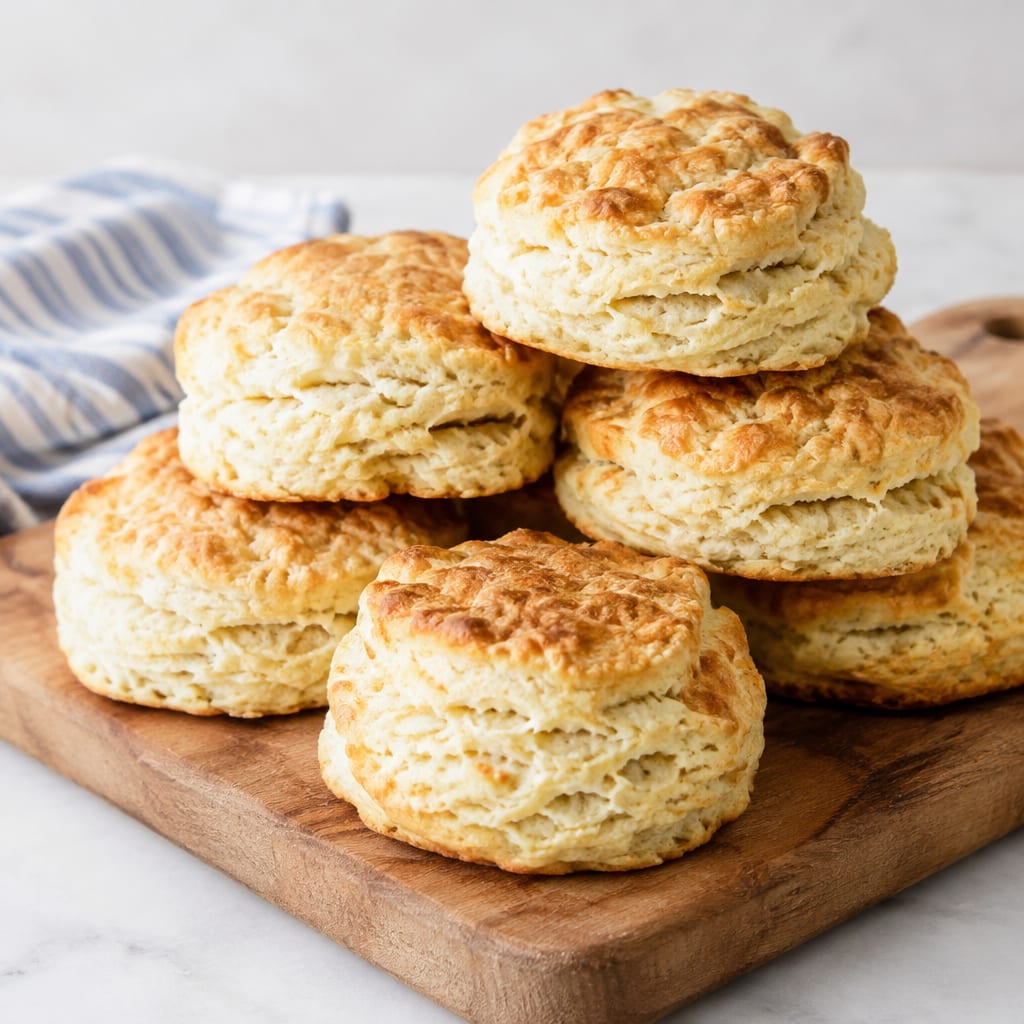 Golden brown buttermilk biscuits stacked on a wooden cutting board