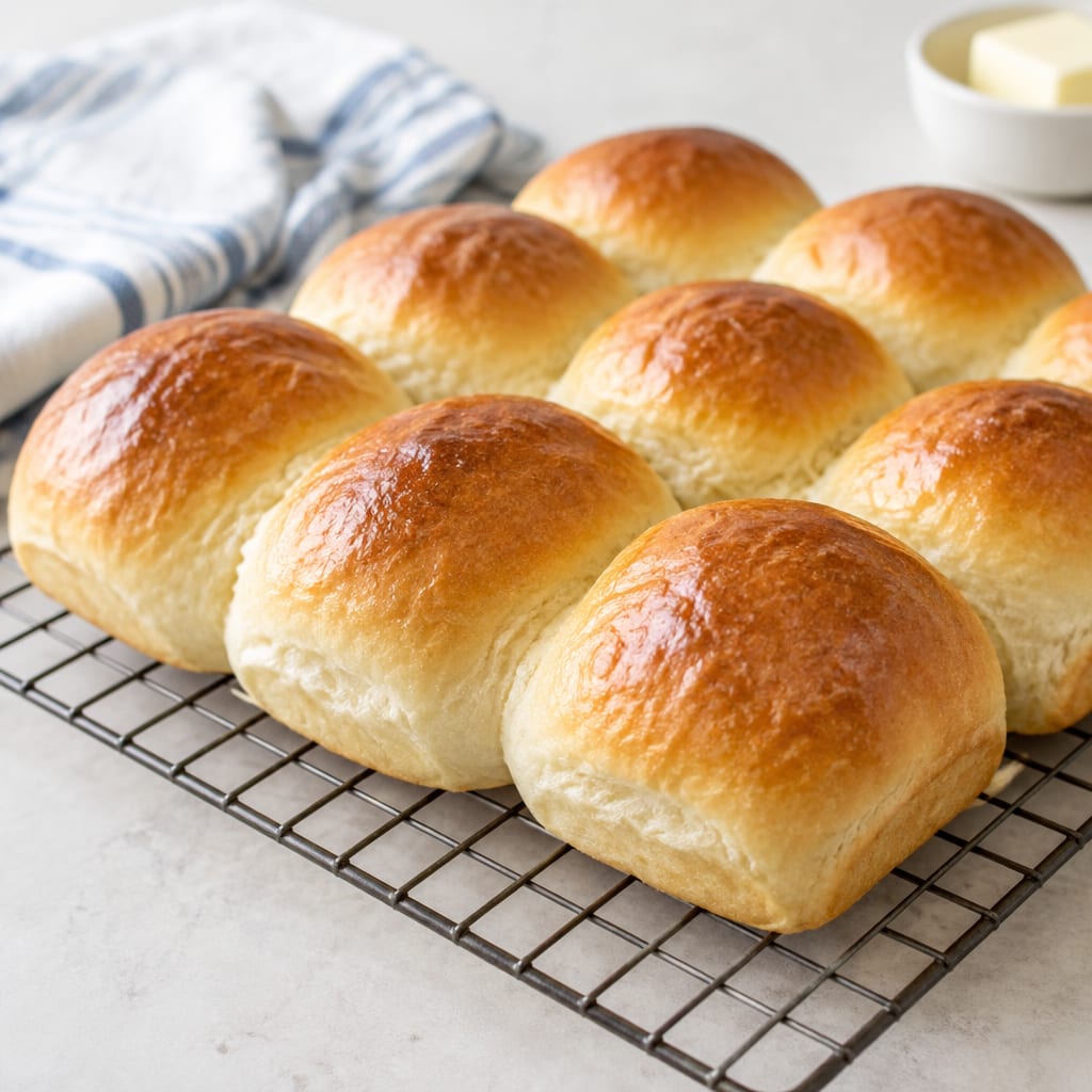 Golden brown homemade dinner rolls cooling on a wire rack in a cozy kitchen