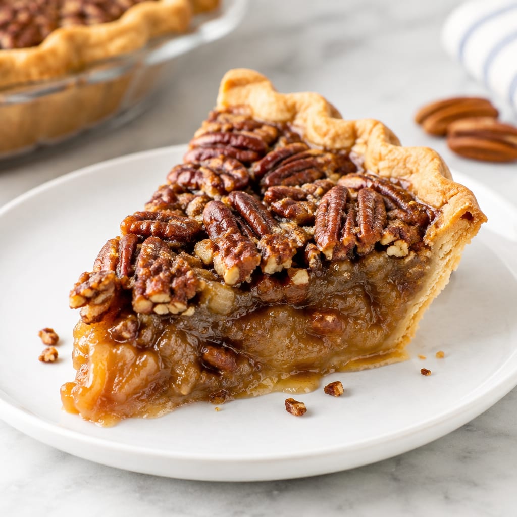 Slice of maple pecan pie with gooey filling on a white plate