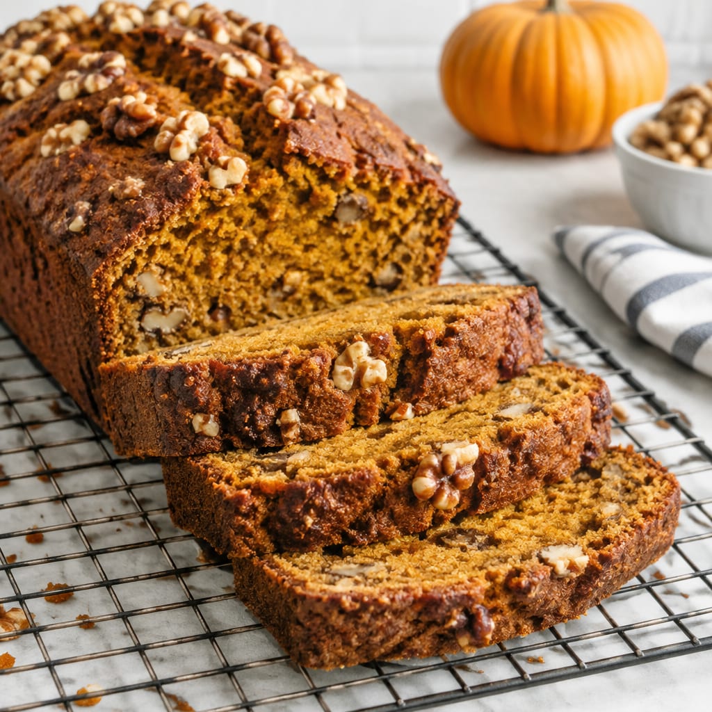 Sliced pumpkin bread with walnuts cooling on a wire rack in a cozy kitchen