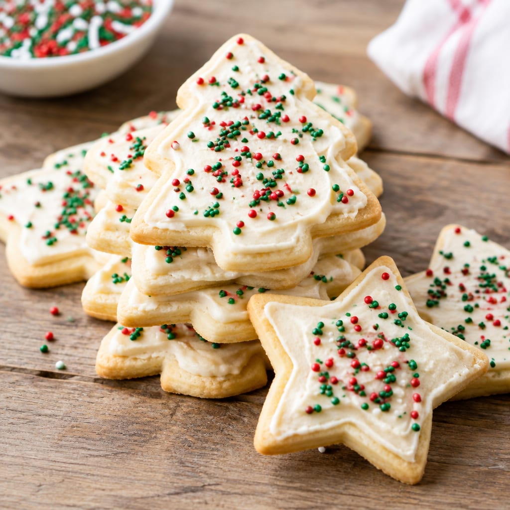 Stack of soft frosted Christmas sugar cookies shaped like trees and stars on a rustic wooden table