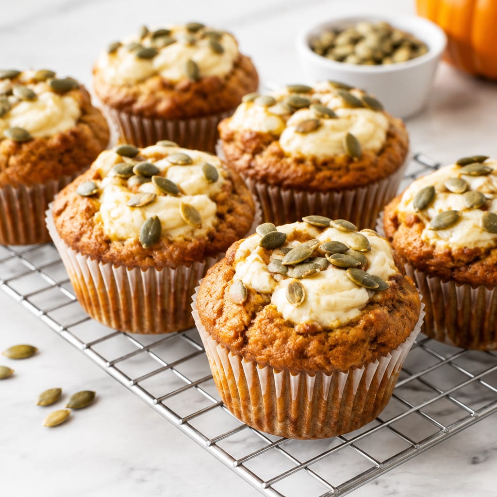 Starbucks pumpkin cream cheese muffins cooling on a wire rack with pumpkin seeds on top