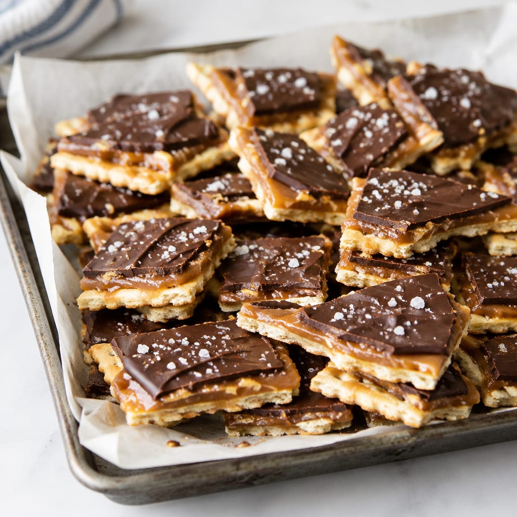 A tray of christmas crack candy with saltine crackers, caramel, and melted chocolate on parchment paper